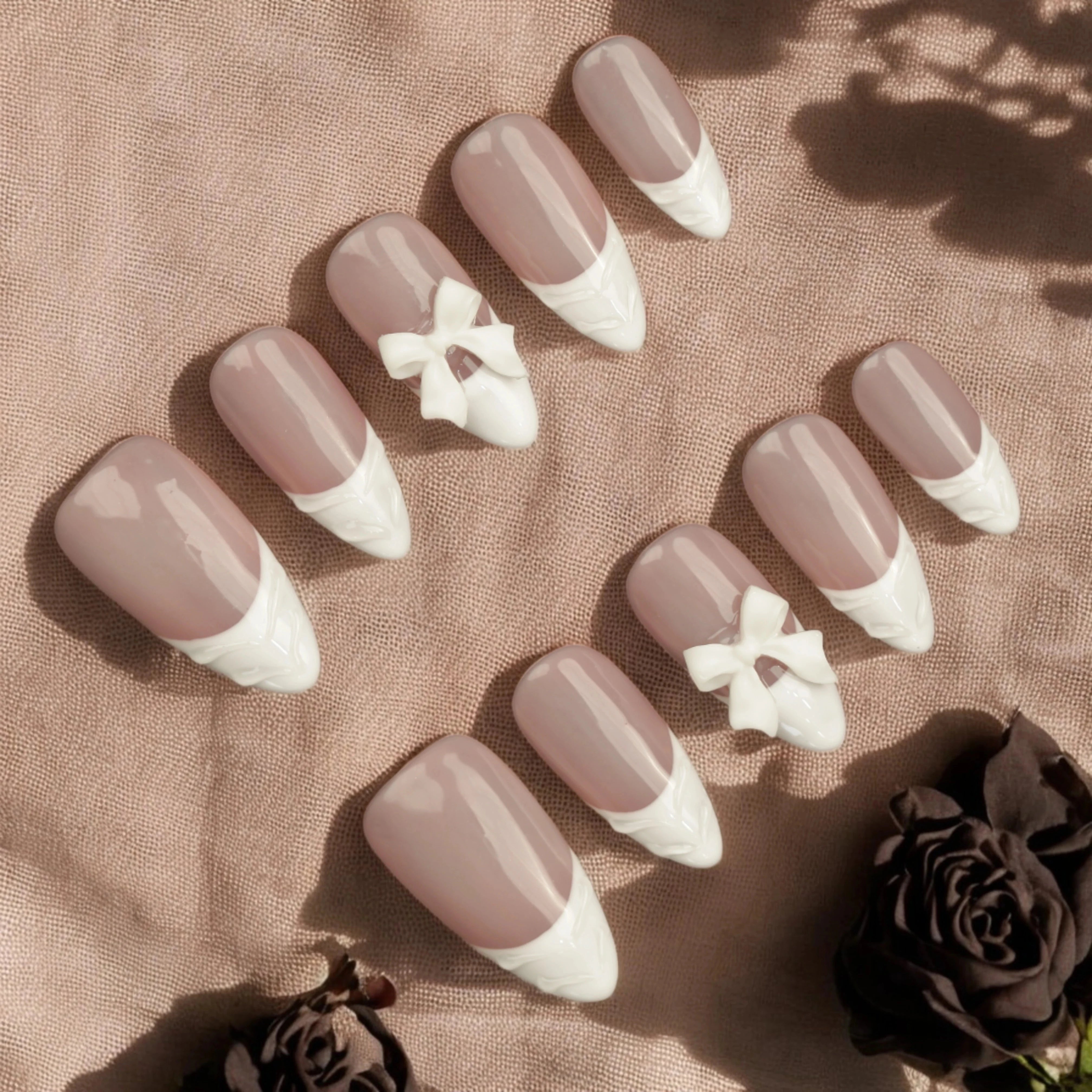 WHITE RIBBON Press on Nails whole set